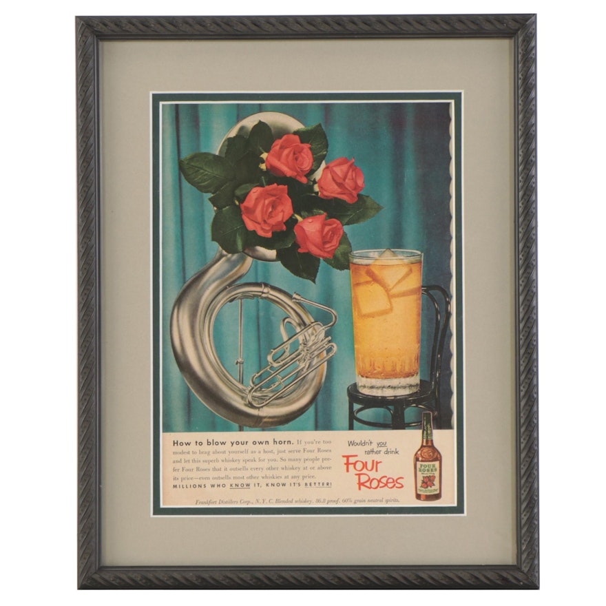 Four Roses Whiskey Promotional Lithograph in Mat Frame