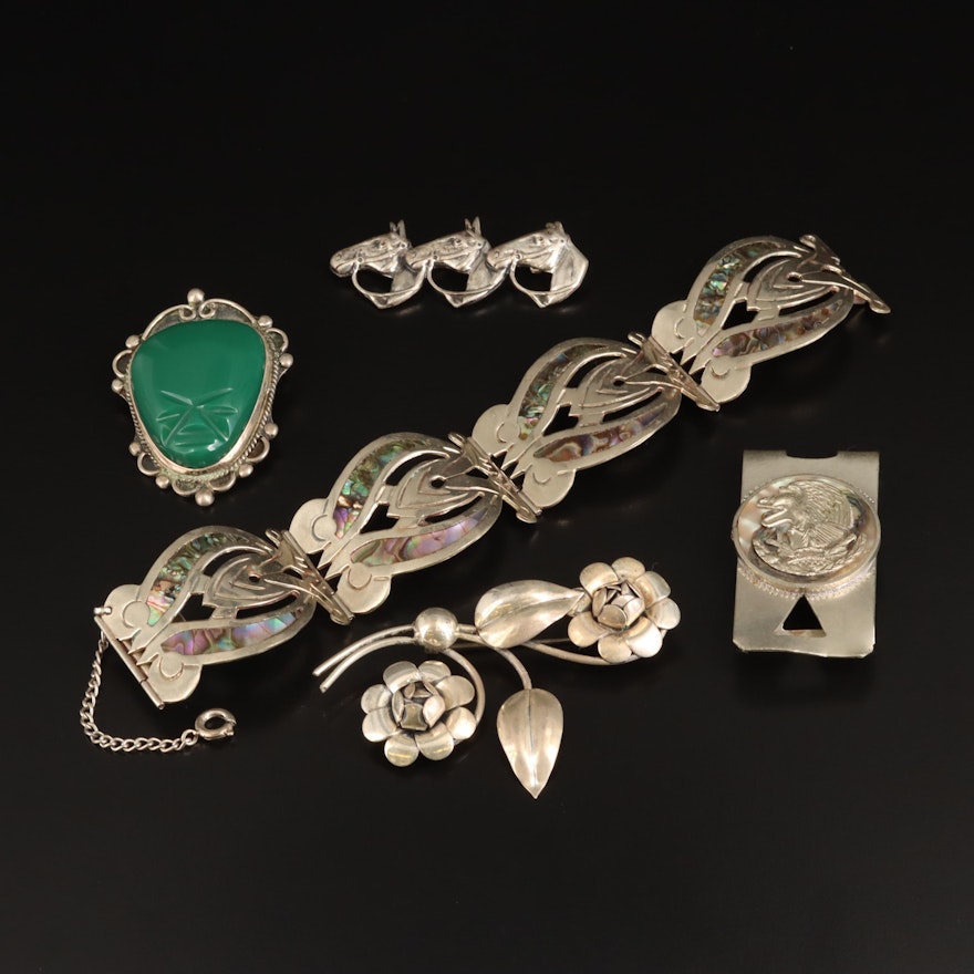 Mexican Abalone Bracelet with Taxco Sterling Money Clip and Brooches