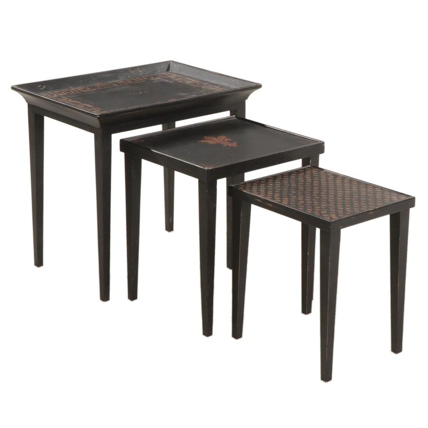 Three Neoclassical Style Ebonized and Paint-Decorated Side Tables