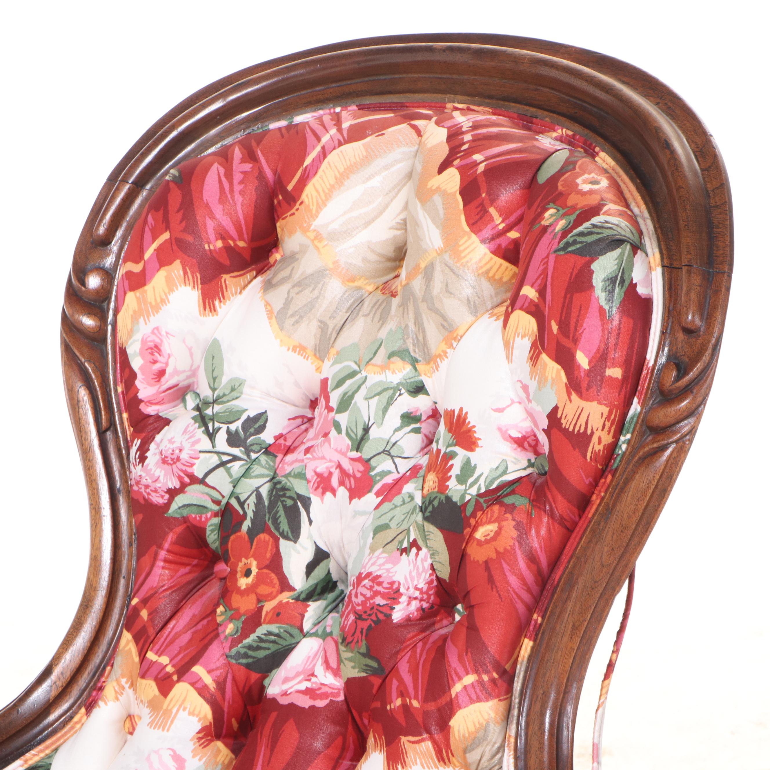 American Rococo Revival Walnut and Custom-Upholstered Rocker