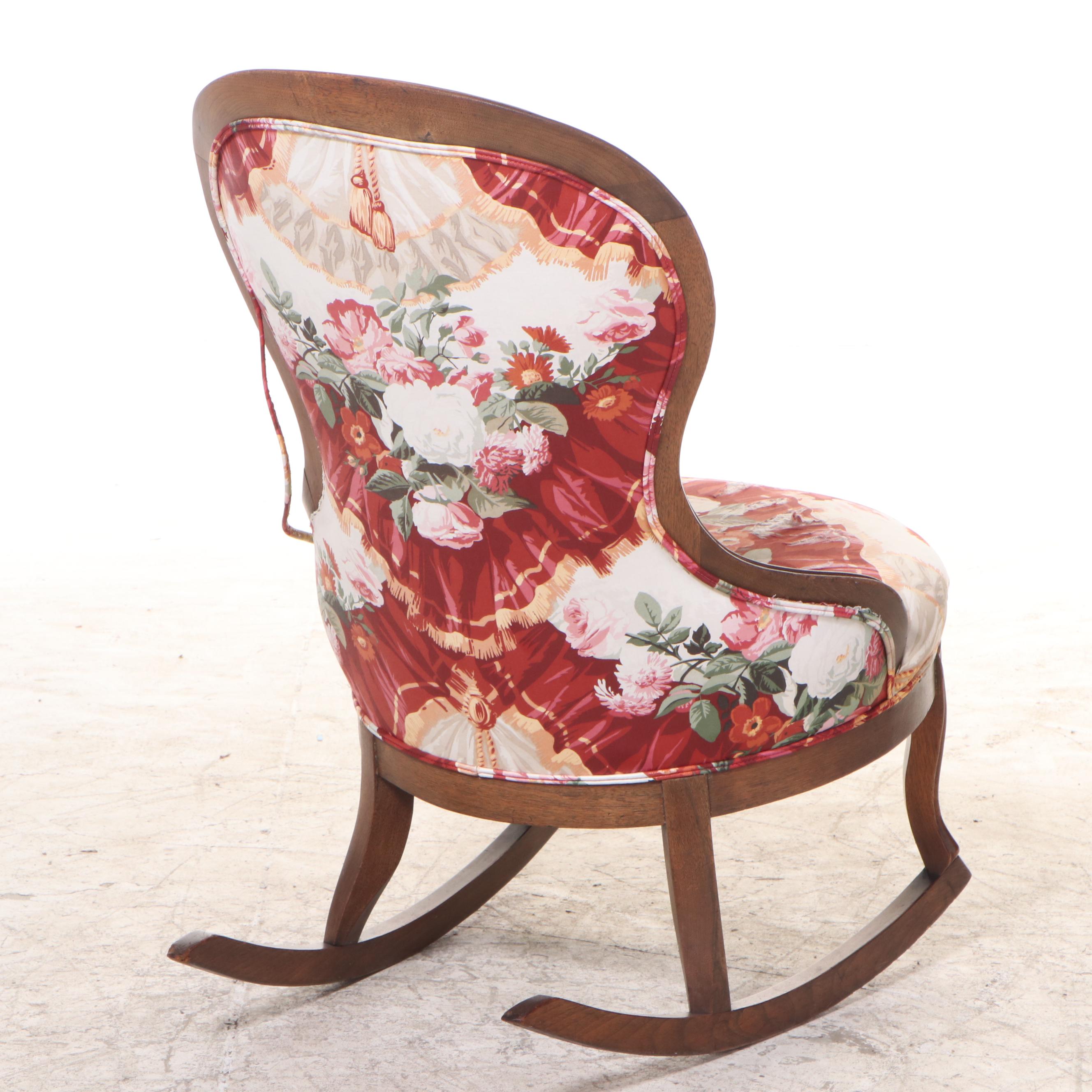 American Rococo Revival Walnut and Custom-Upholstered Rocker