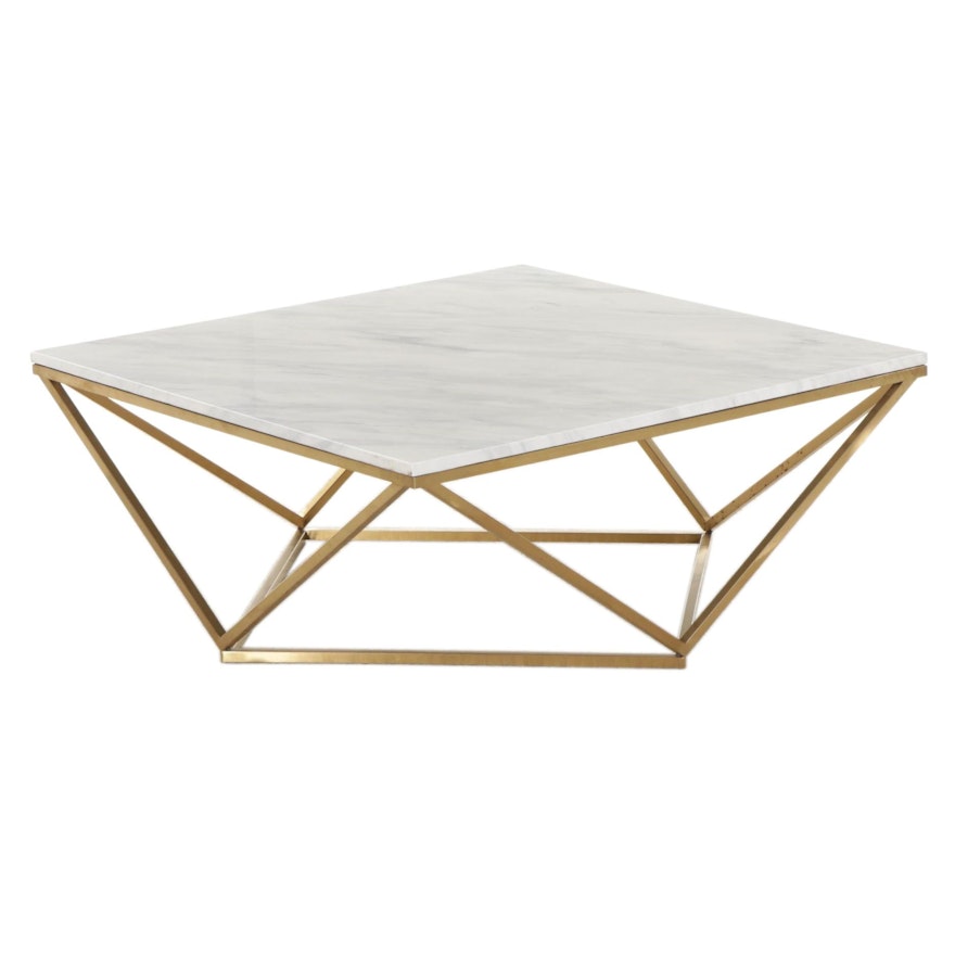 Modernist Style Brass-Finished Metal and Cultured Marble Top Coffee Table