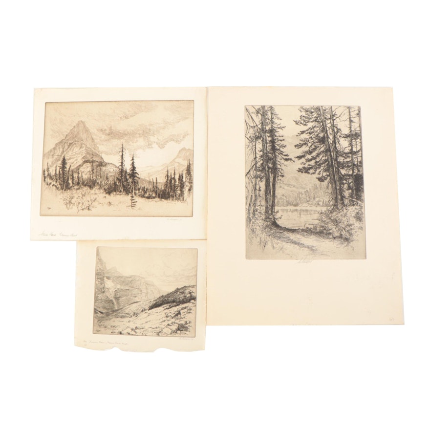 Lee Sturges Landscape Etchings Including "A Moutain Lake", Early 20th Century
