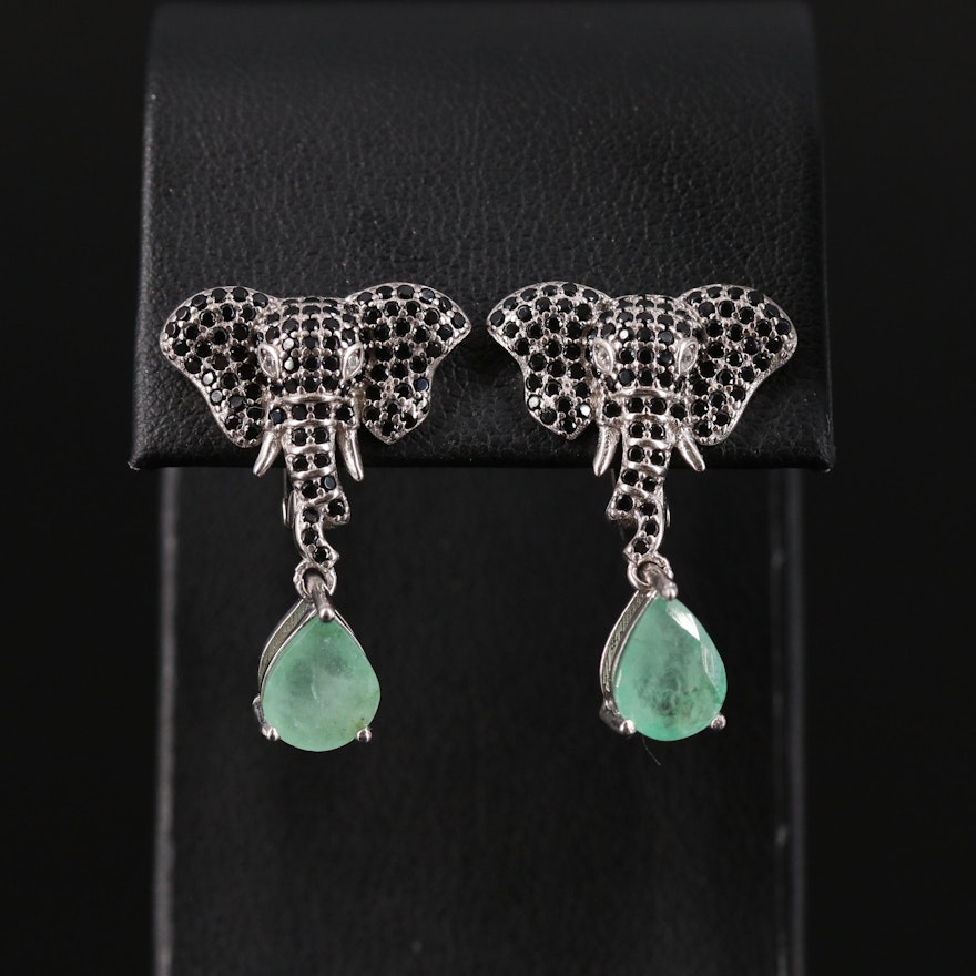 Sterling Emerald and Cubic Zirconia Elephant Head Earrings