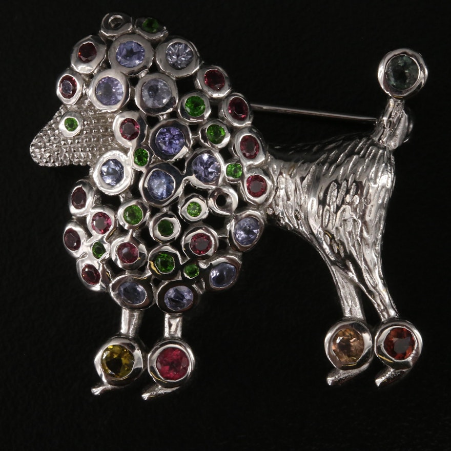 Sterling Garnet, Tanzanite and Diopside Poodle Brooch