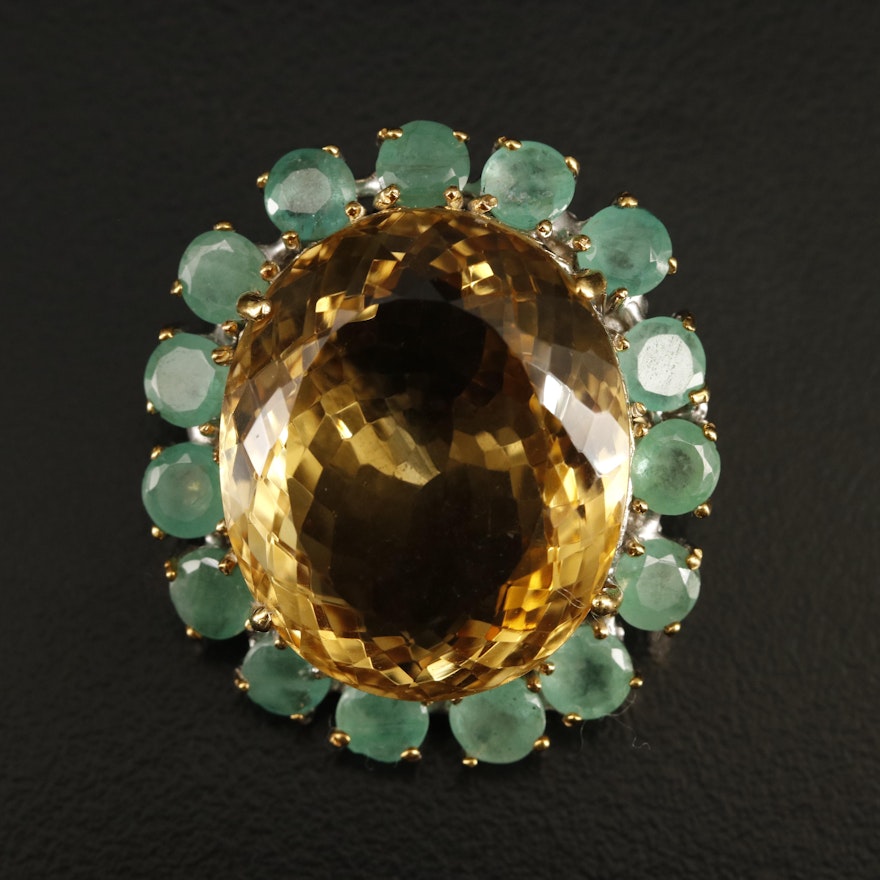 Sterling Citrine and Emerald Brooch