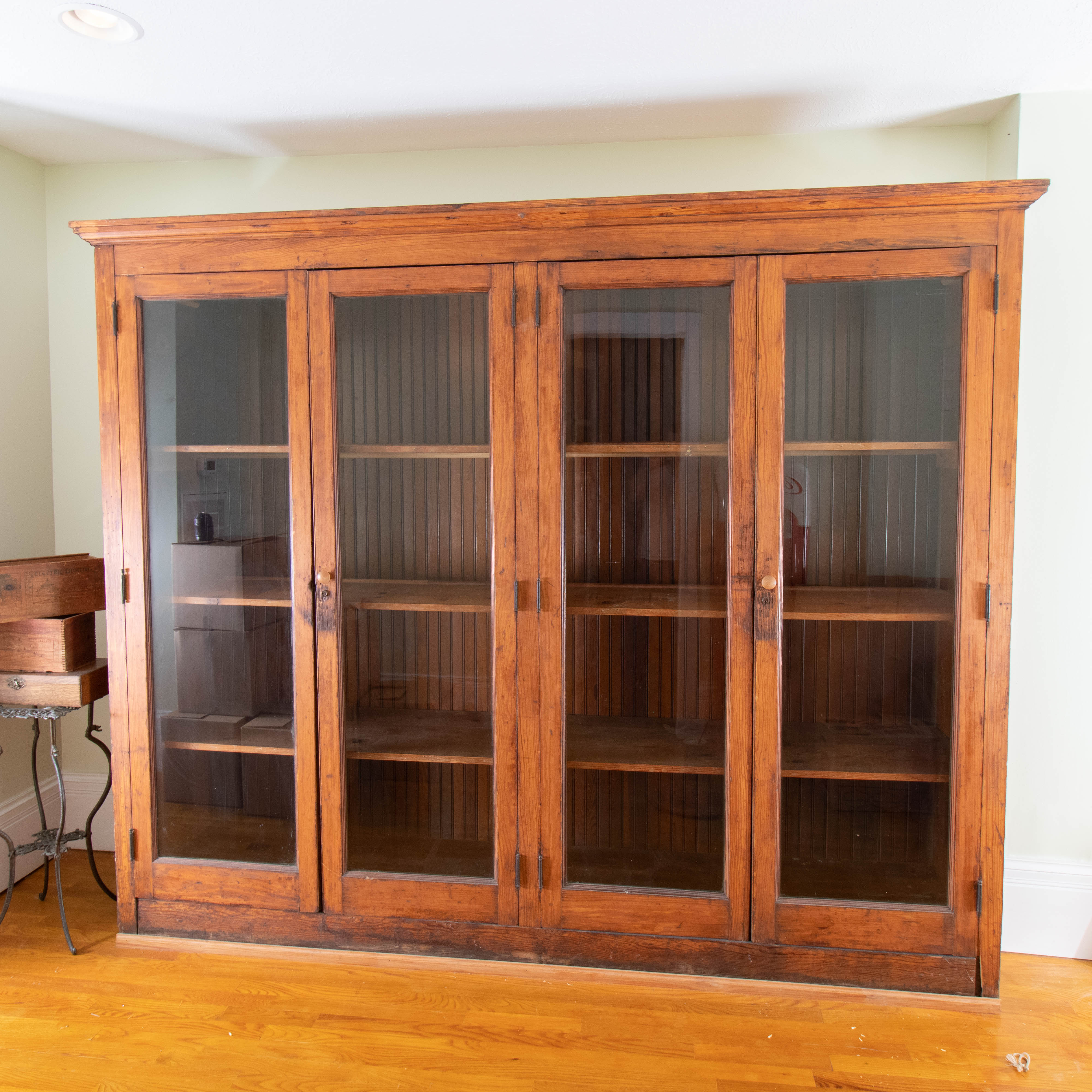 Double Glass-Front Door Pine Mercantile Cabinet, Early 20th Century