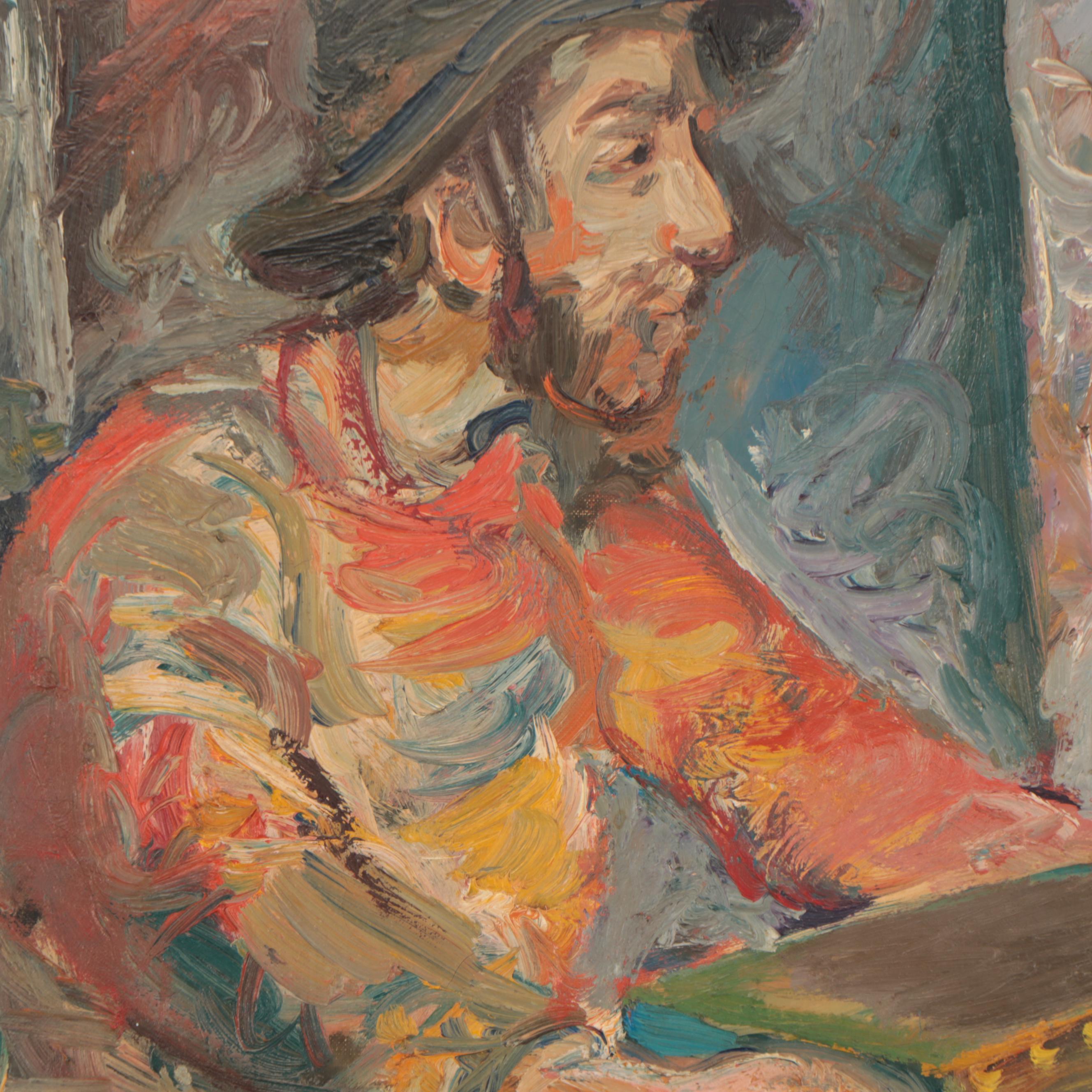 Walter Spitzer Figural Oil Painting of a Man With Music Box
