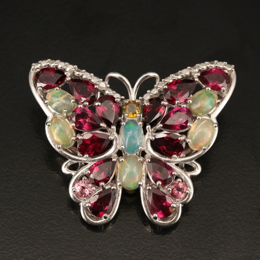 Sterling Opal, Rhodolite Garnet and Tourmaline Butterfly Brooch