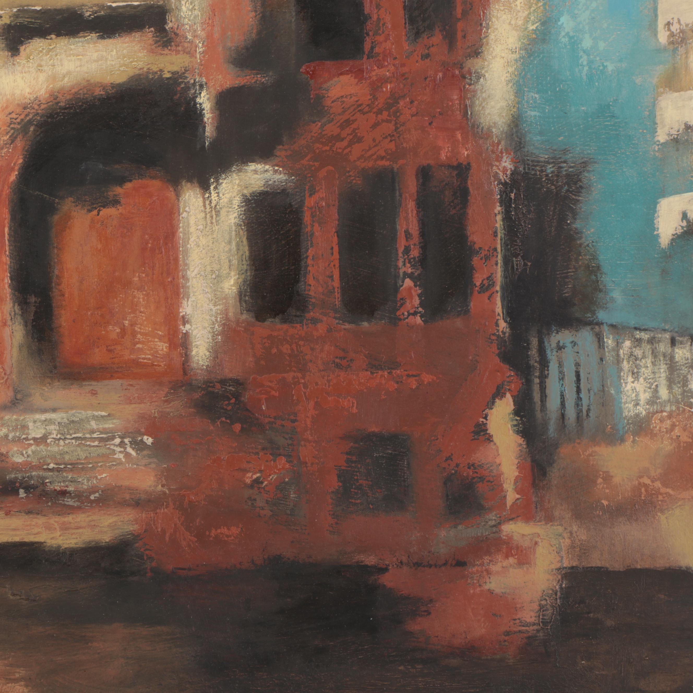 J. Wilson Architectural Oil Painting, Late 20th Century
