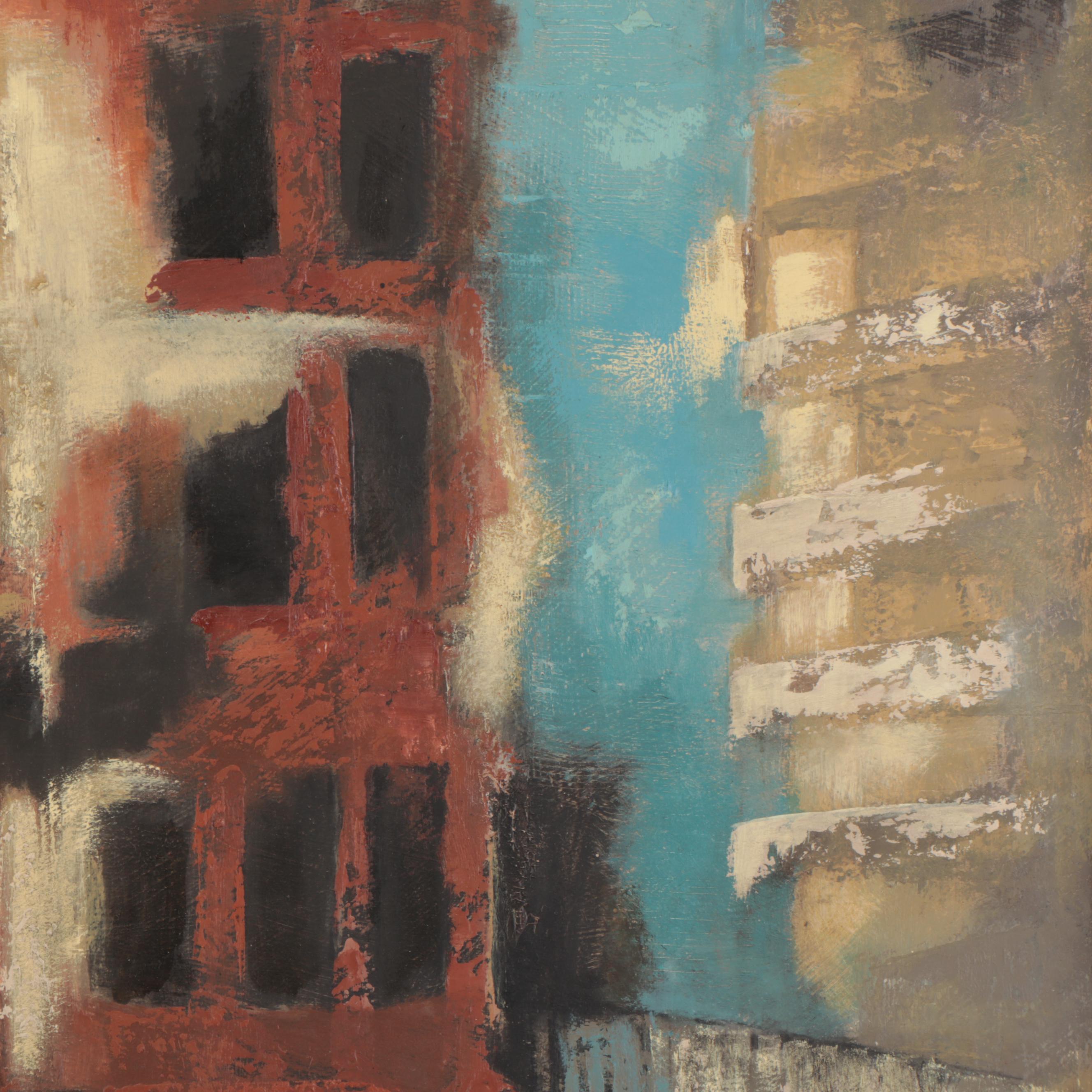 J. Wilson Architectural Oil Painting, Late 20th Century