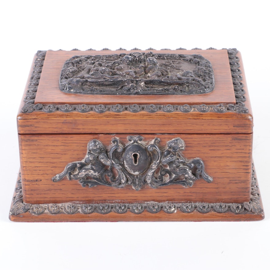 Victorian English Oak Silver Plate Mounted Jewelry Box, Late 19th Century