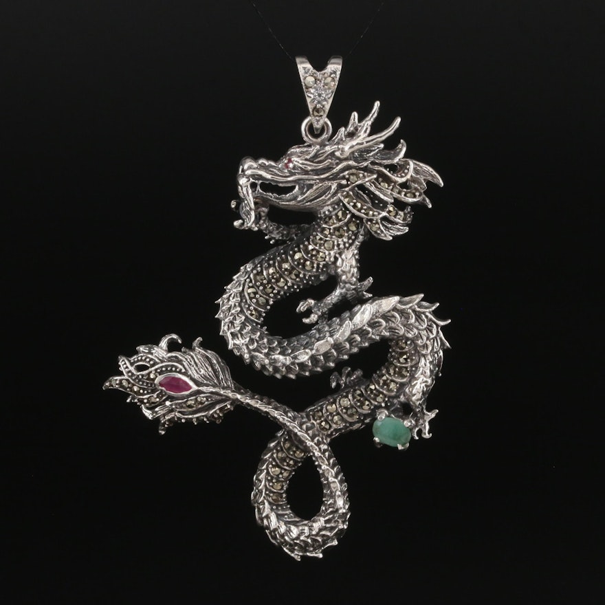 Sterling Emerald, Corundum and Marcasite Dragon Pendant