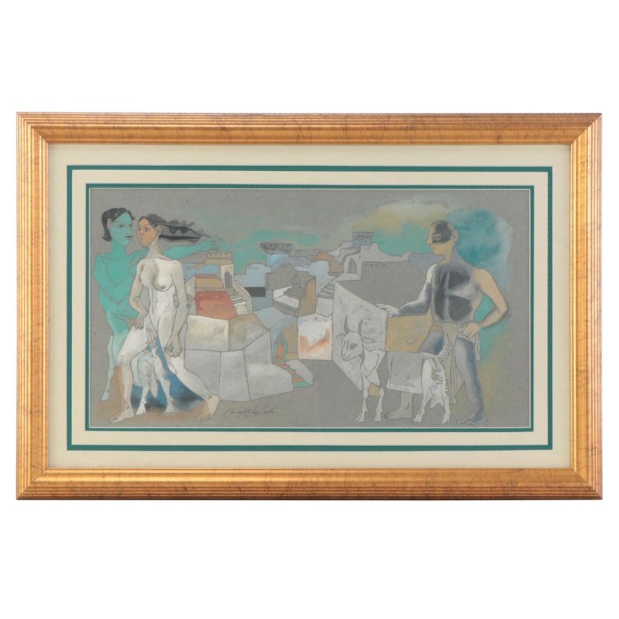 Gouache Painting of Grecian Style Genre Scene