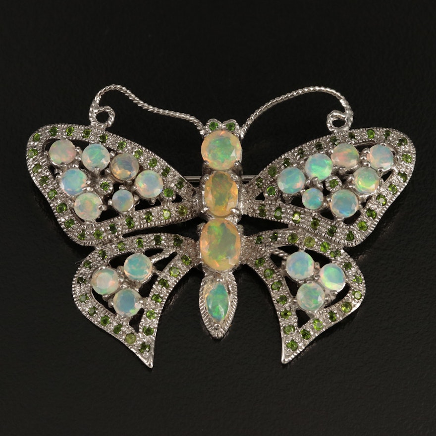 Sterling Butterfly Brooch with Opal and Diopside