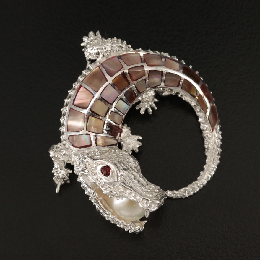 Sterling Alligator Converter Brooch with Mother-of-Pearl, Garnet and Pearl