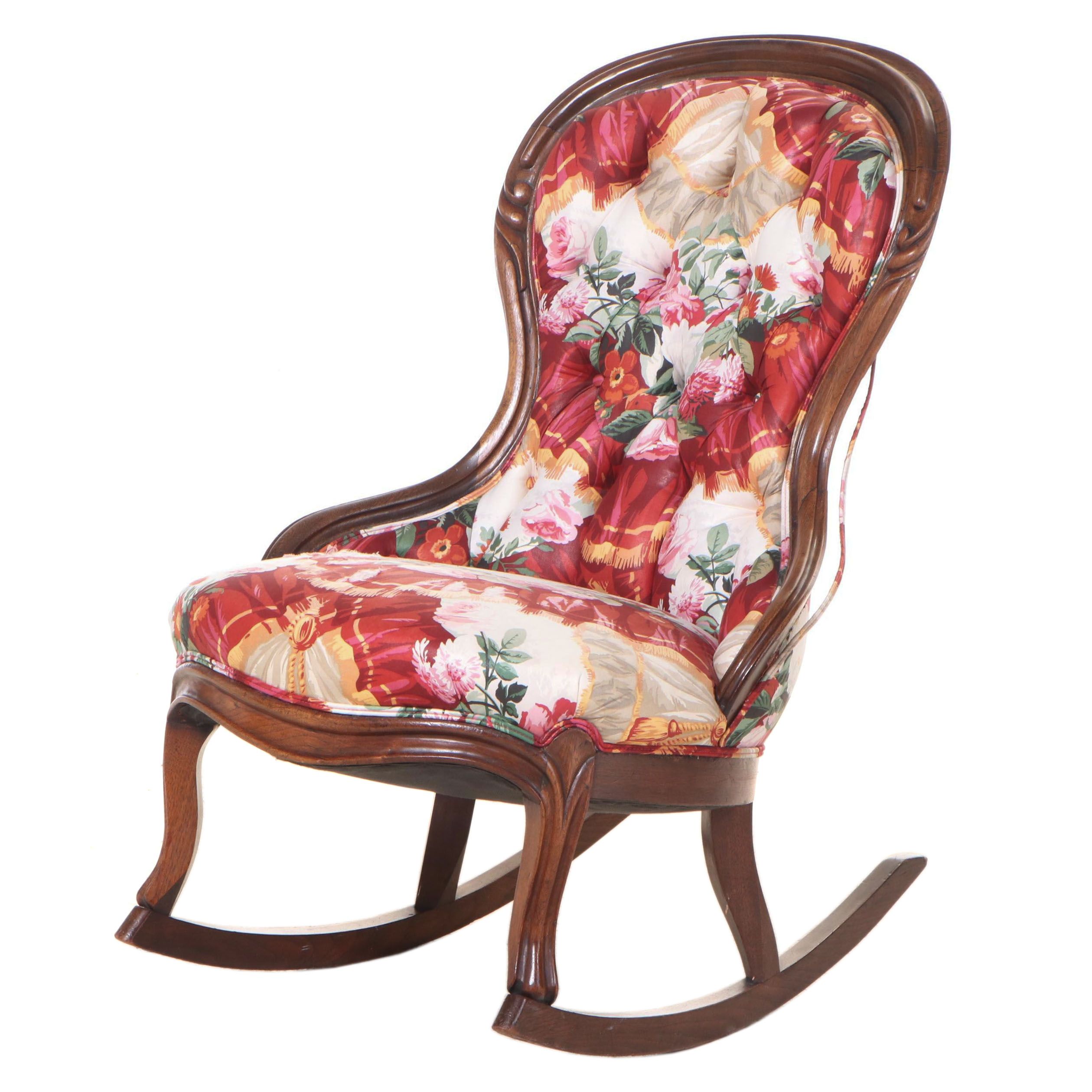 American Rococo Revival Walnut and Custom-Upholstered Rocker