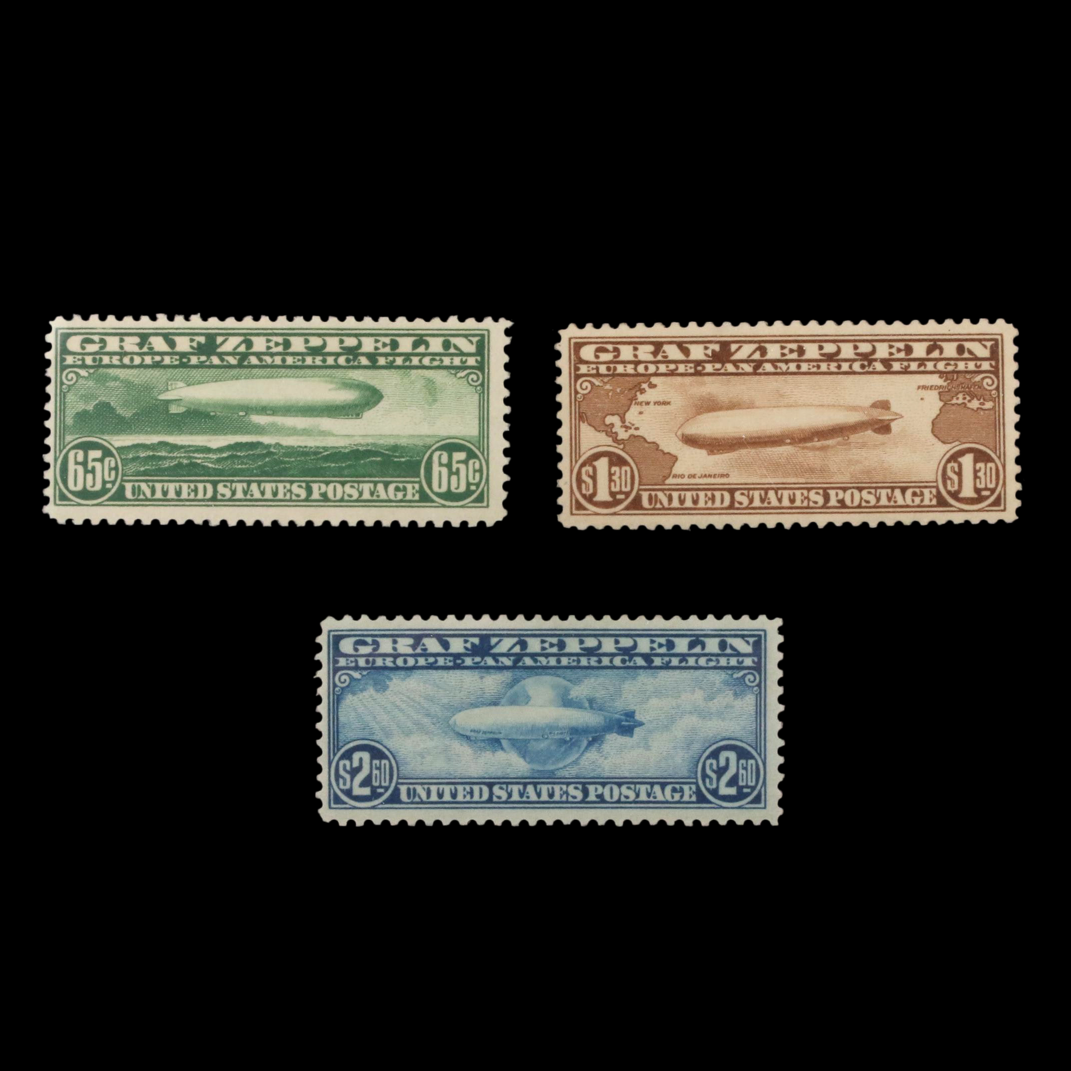 Mint Graf Zeppelin Postage Stamp Set, Scott #C13 to #C15