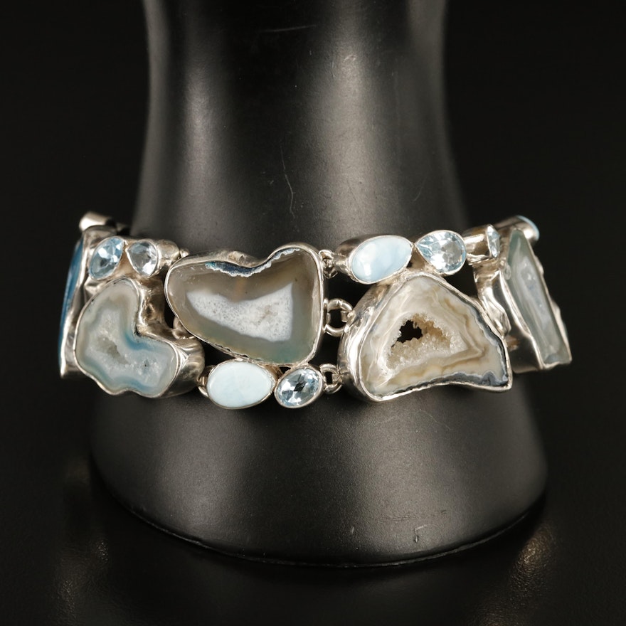 Sterling Agate, Larimar and Cubic Zirconia Cluster Bracelet