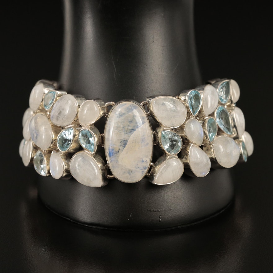 Sterling Rainbow Moonstone and Topaz Cluster Bracelet