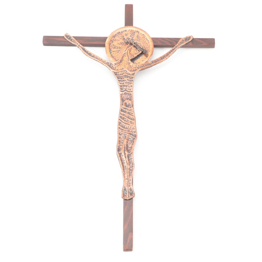 Post Modern Style Hammered Copper and Wood Crucifix