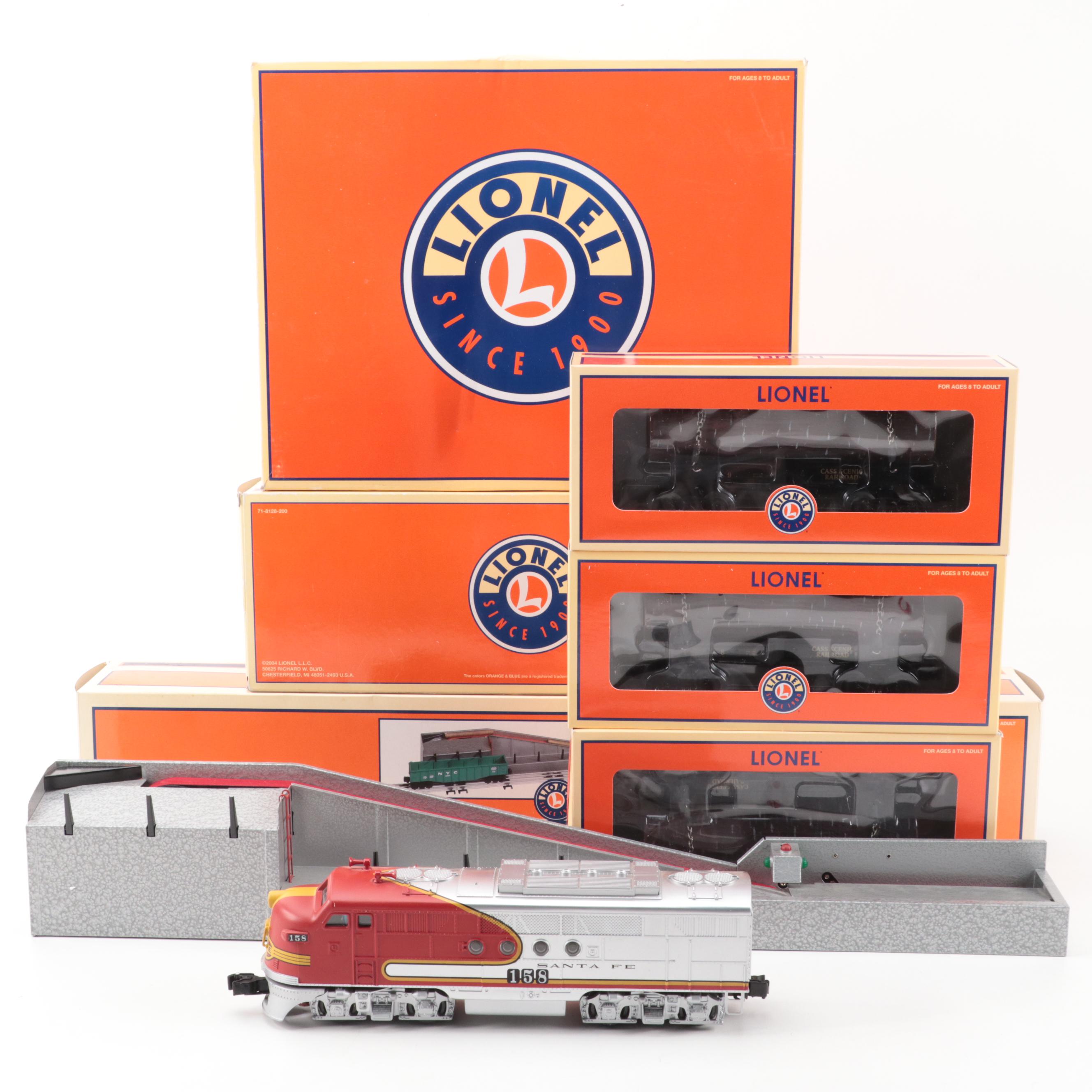 Lionel Santa Fe Electric Train Locomotive, Transformer, Lumber Loader, Log Car