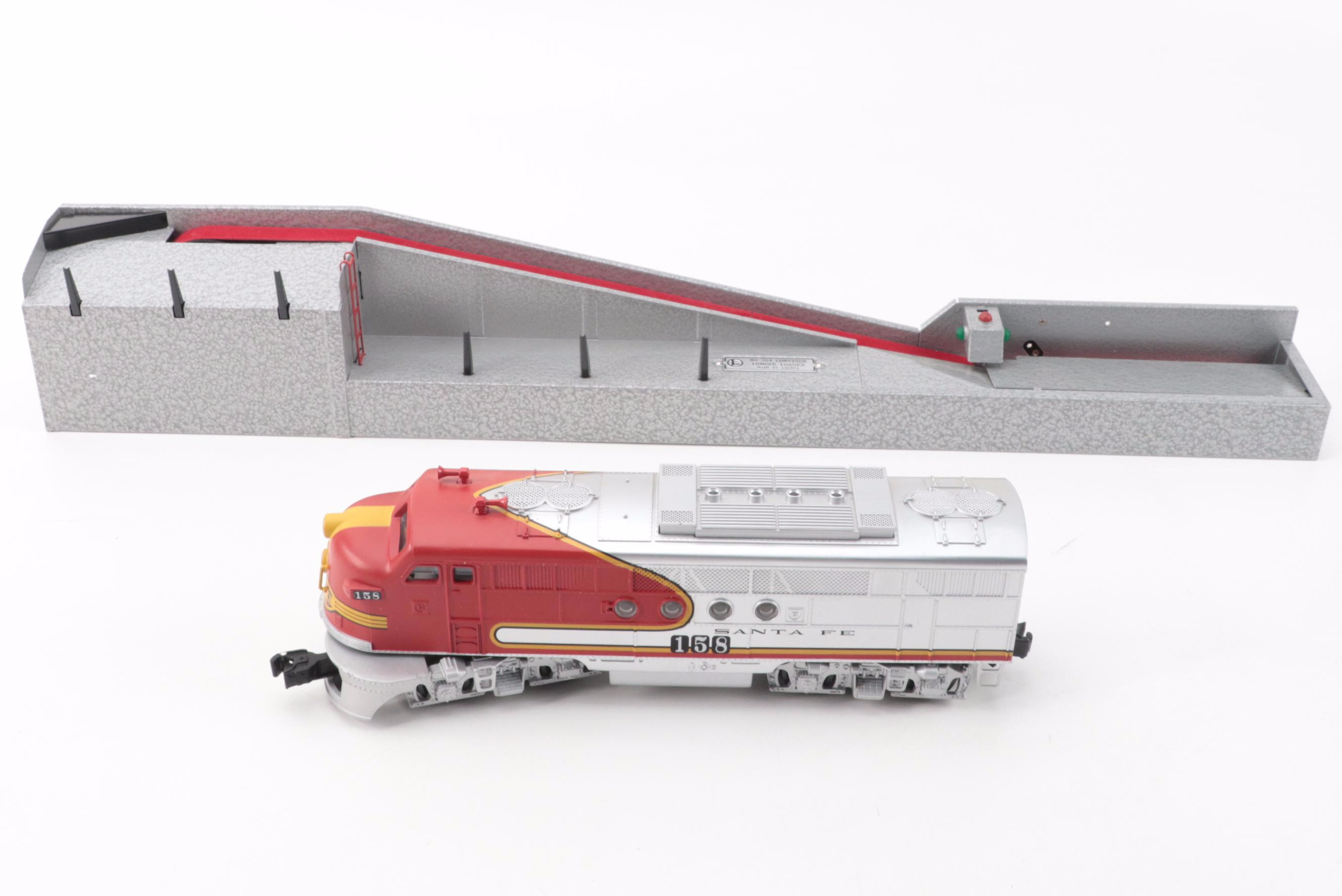 Lionel Santa Fe Electric Train Locomotive, Transformer, Lumber Loader, Log Car