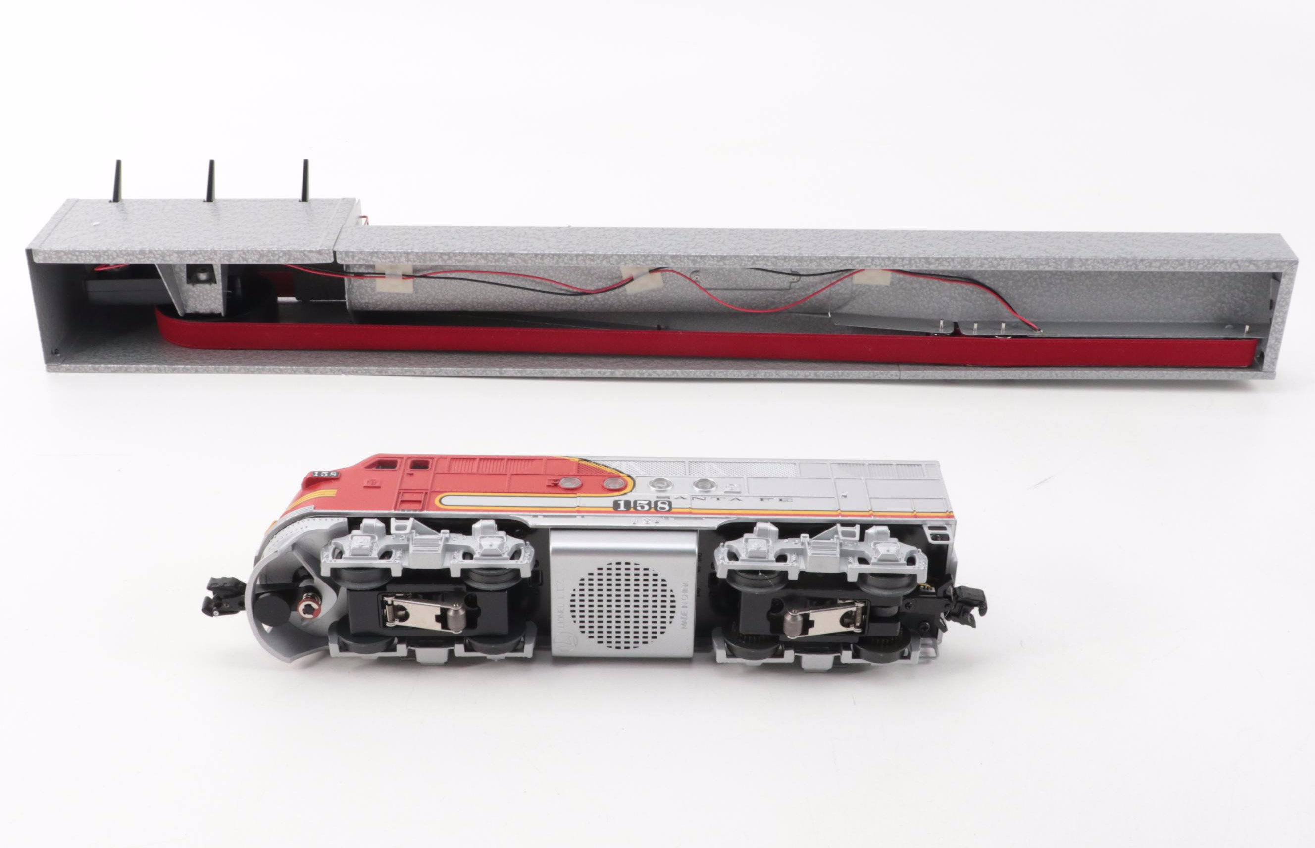 Lionel Santa Fe Electric Train Locomotive, Transformer, Lumber Loader, Log Car