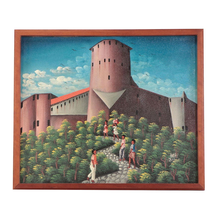 Haitian Folk Art Oil Painting of Landscape With Citadelle Laferrière and Figures