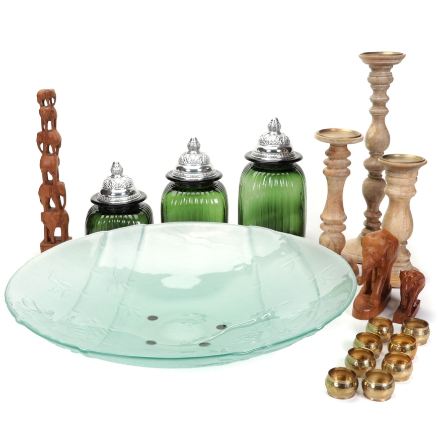 Bamboo Textured Glass Centerpiece Bowl, Green Glass Canisters and More