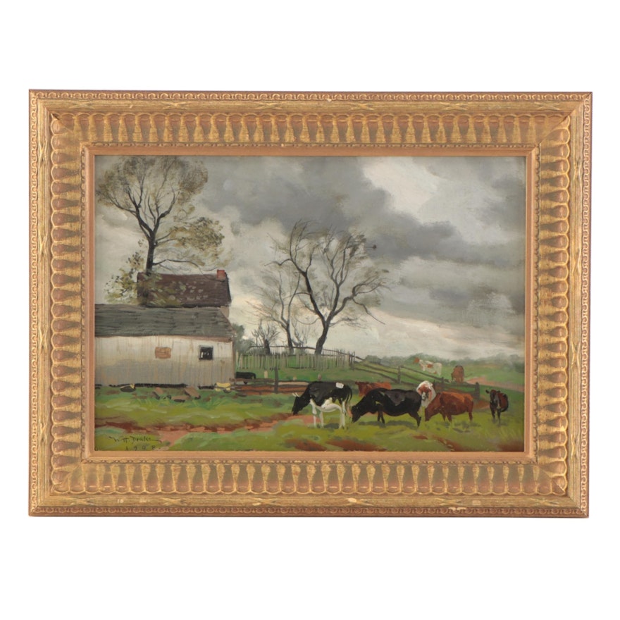 William Henry Drake Pastoral Landscape Oil Painting, 1908