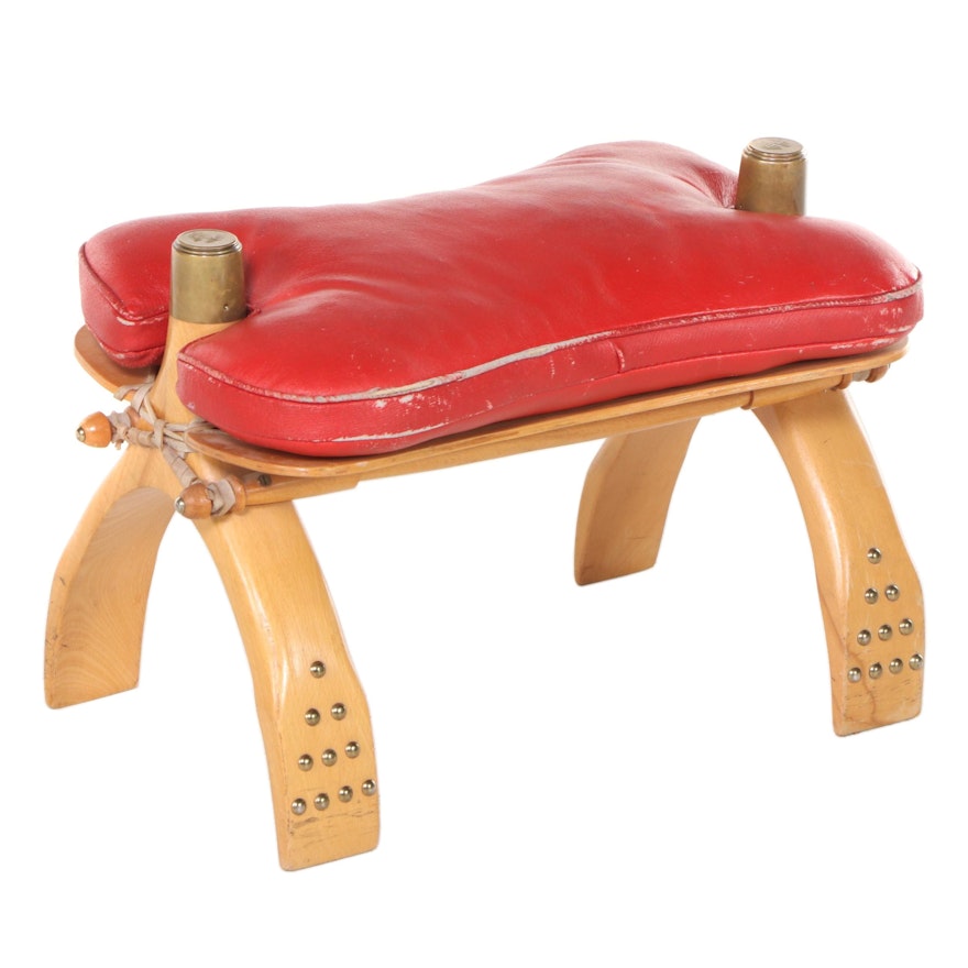 Egyptian Brass-Mounted Beech and Red Leather Camel Saddle Foot Stool