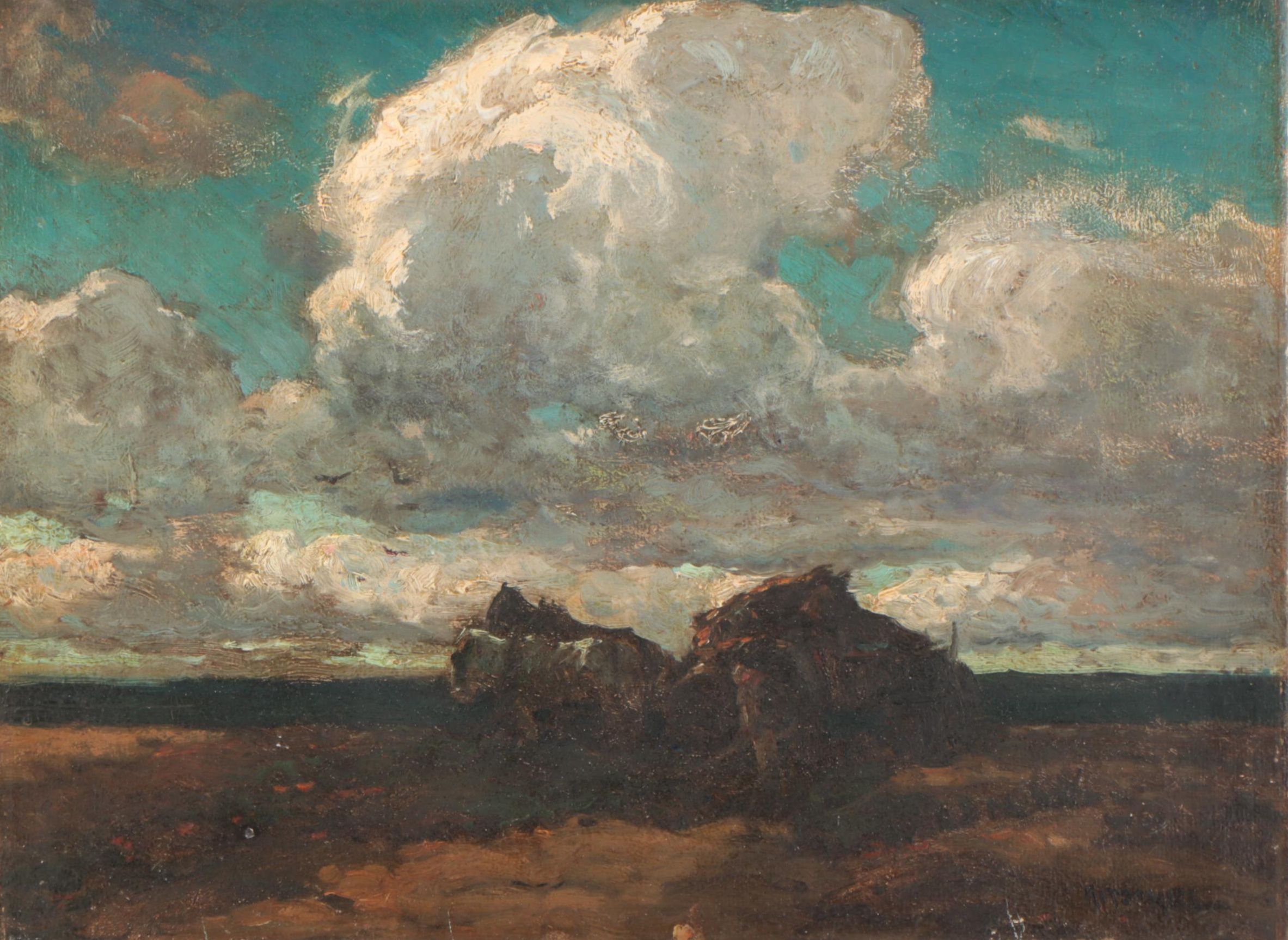 William Ritschel Tonalist Oil Painting of Figure and Horse Cart