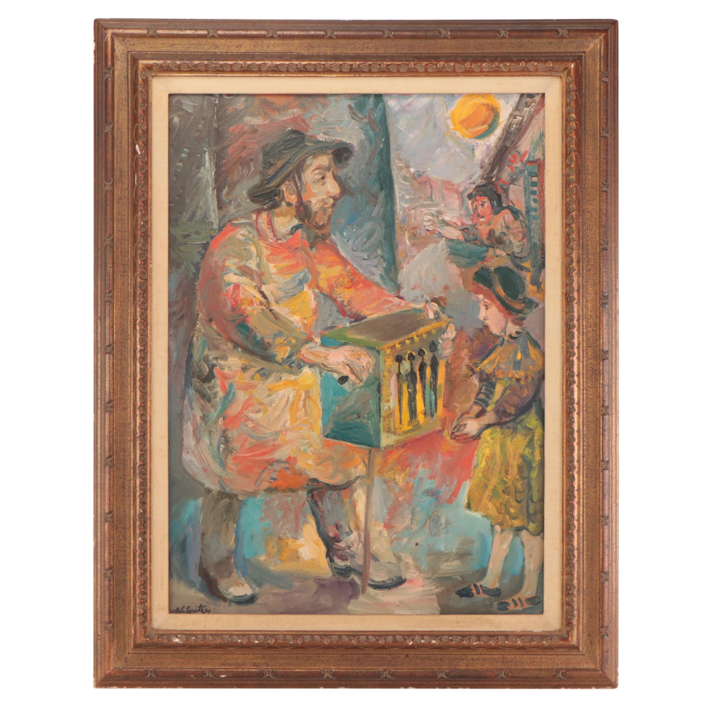 Walter Spitzer Figural Oil Painting of a Man With Music Box