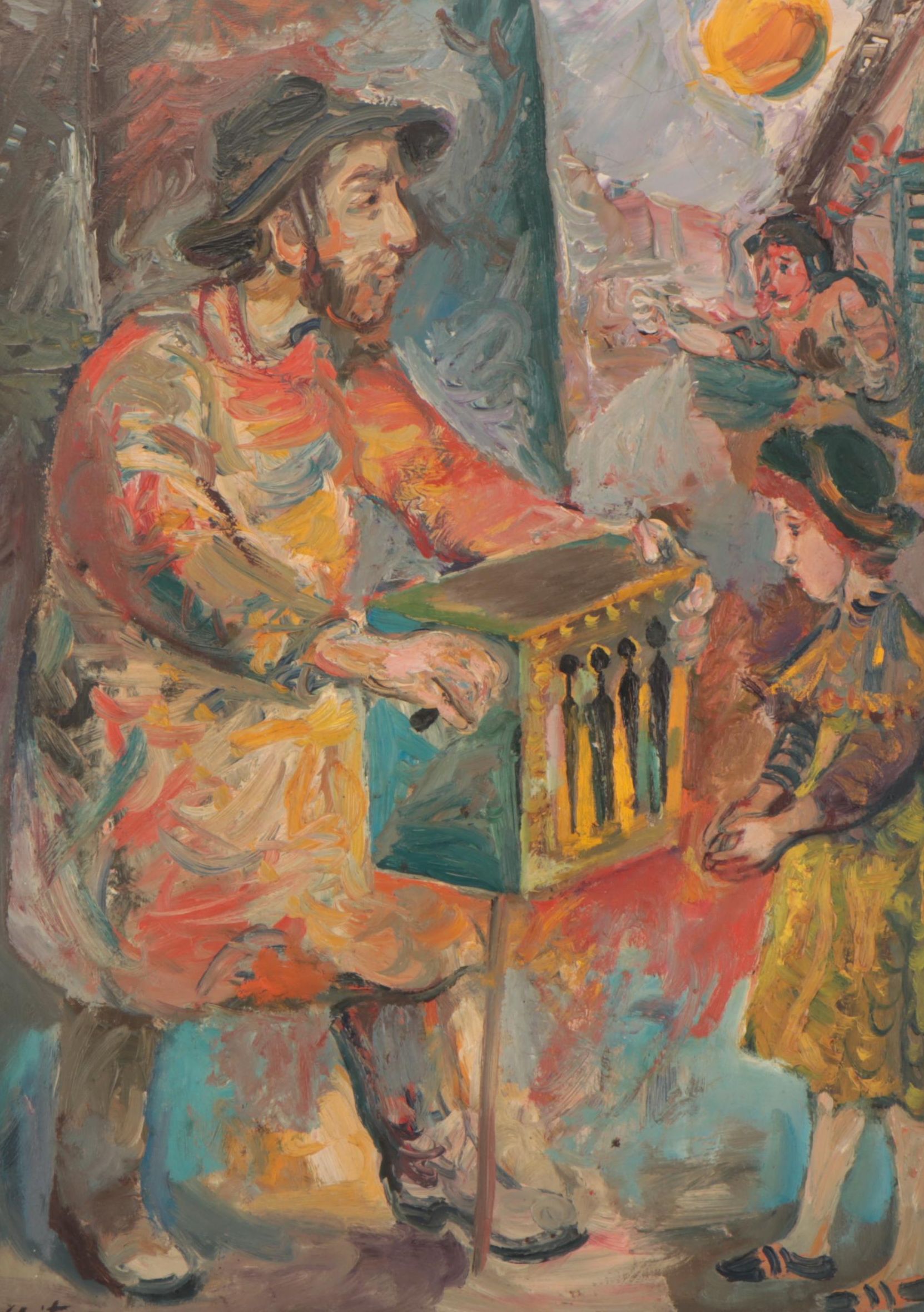 Walter Spitzer Figural Oil Painting of a Man With Music Box