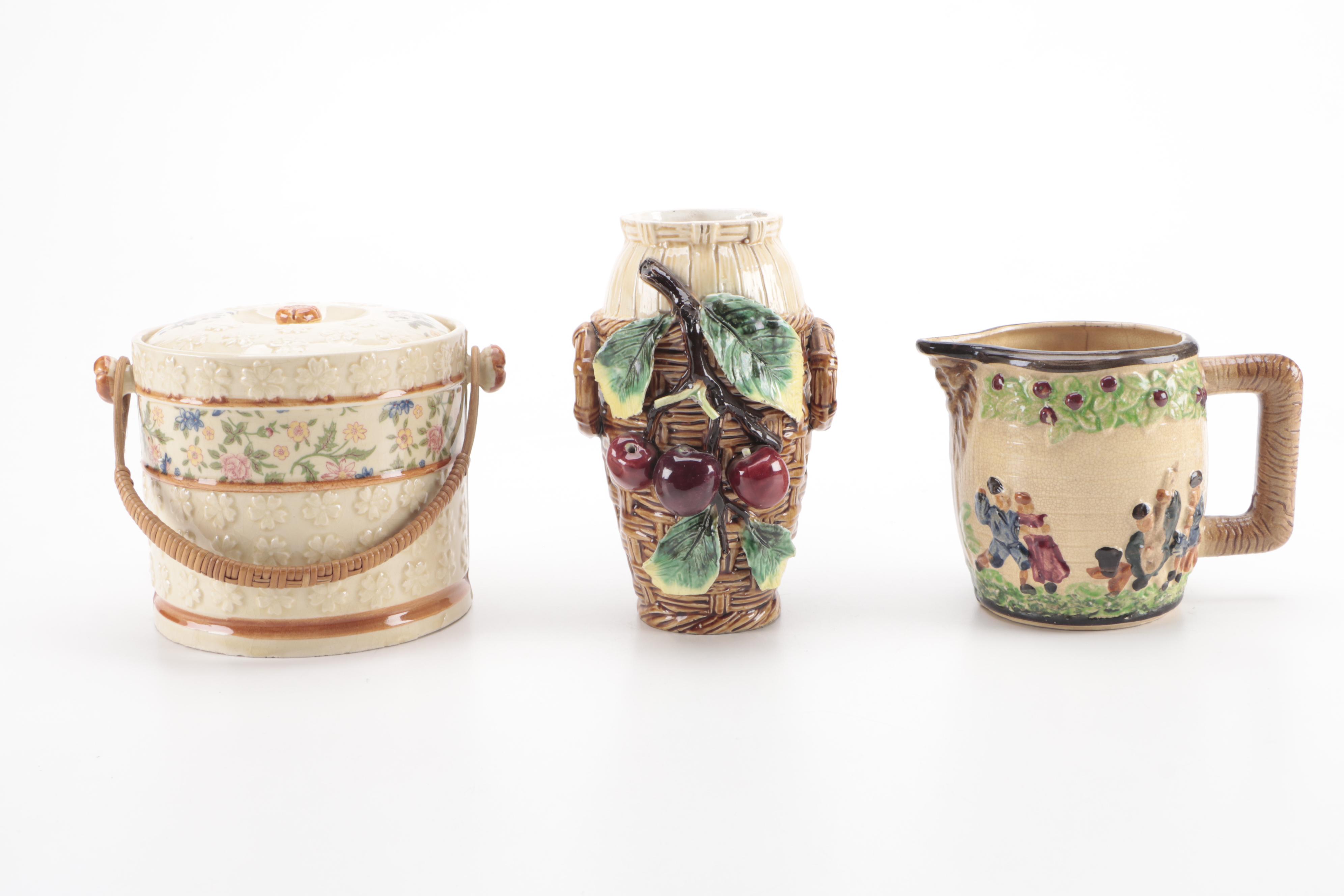 Barbotine Style Majolica Vase with Other Tableware, 20th Century