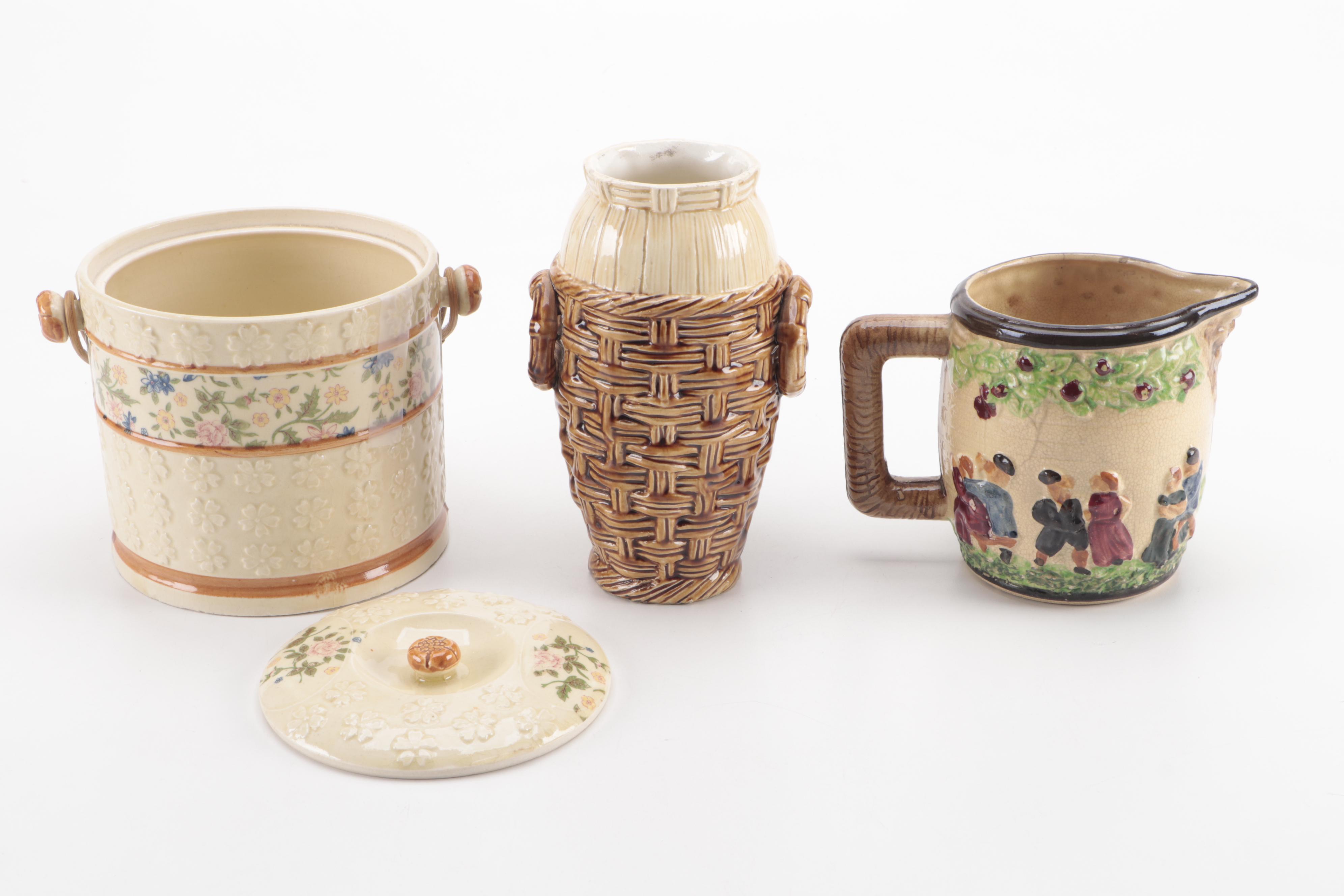 Barbotine Style Majolica Vase with Other Tableware, 20th Century