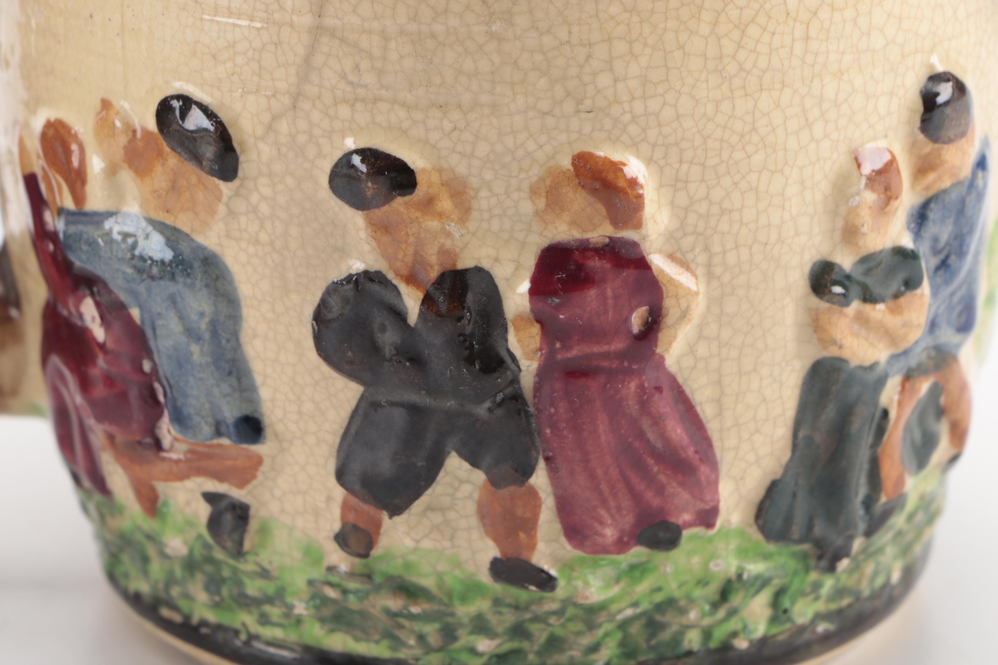 Barbotine Style Majolica Vase with Other Tableware, 20th Century