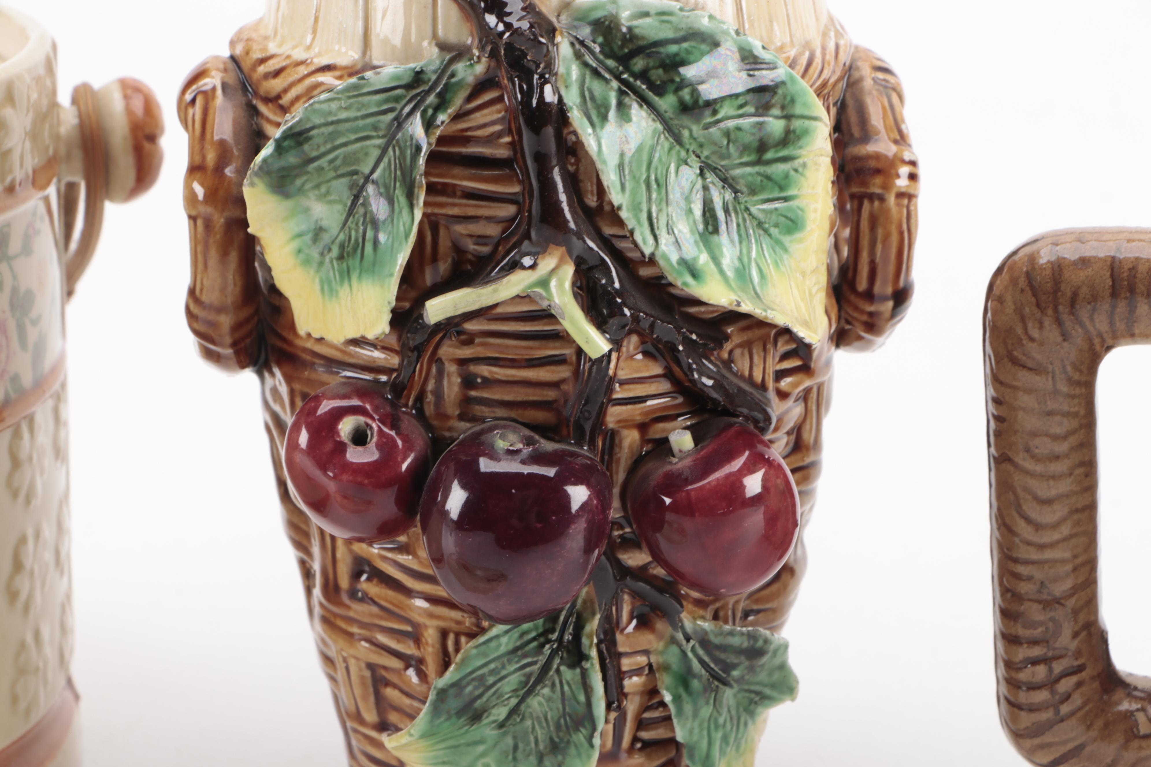 Barbotine Style Majolica Vase with Other Tableware, 20th Century