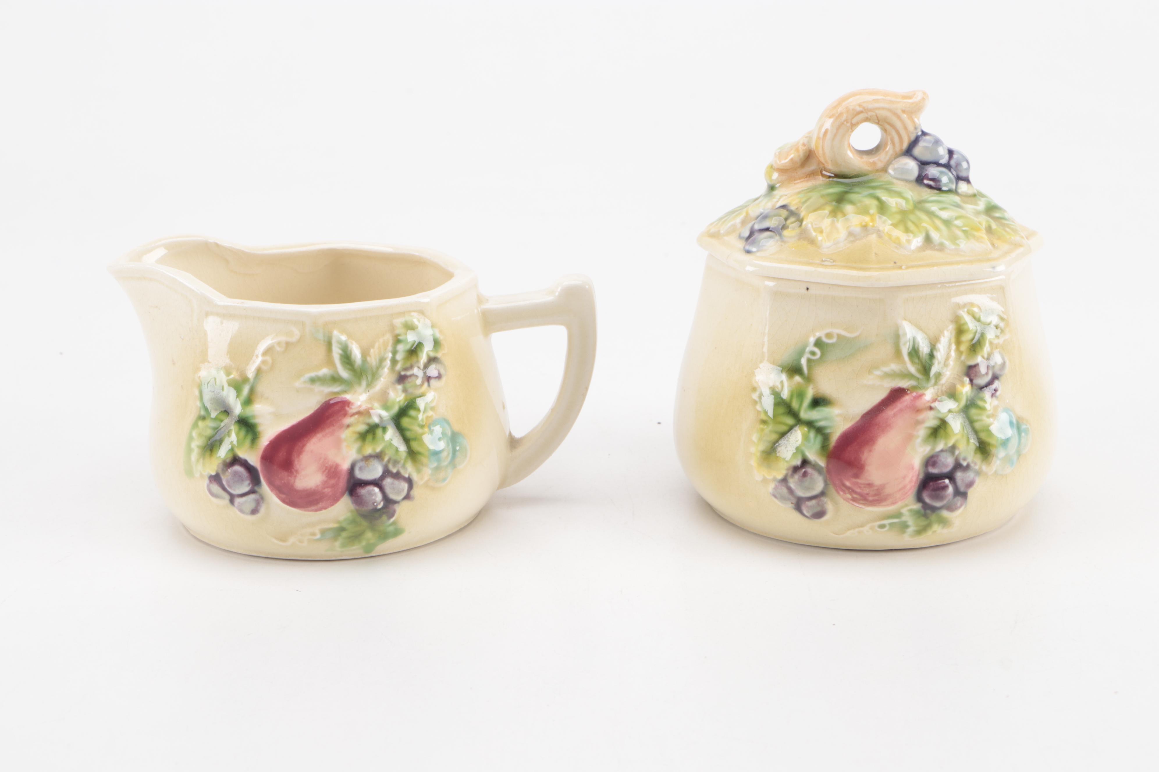 Barbotine Style Majolica Vase with Other Tableware, 20th Century