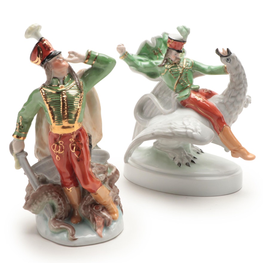 Herend "Soldier Riding Dragon" and "Dragonslayer" Porcelain Figurines