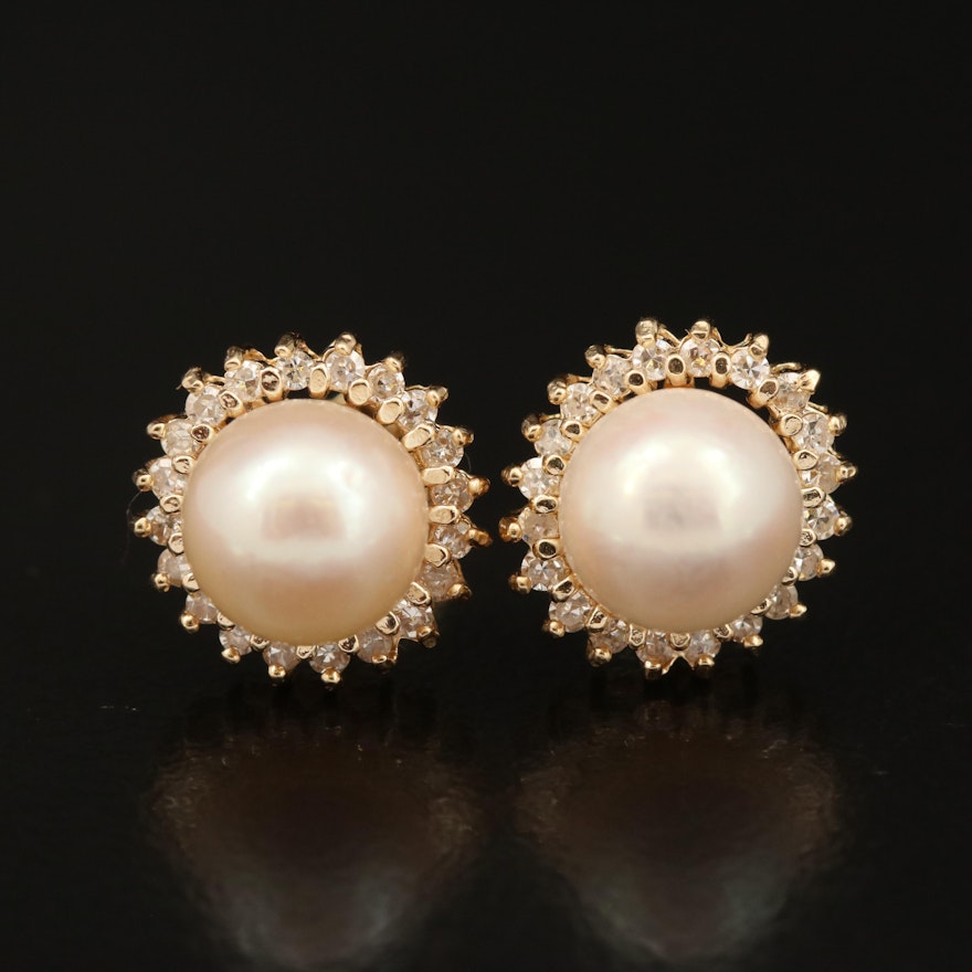 14K Pearl and Diamond Stud Earrings