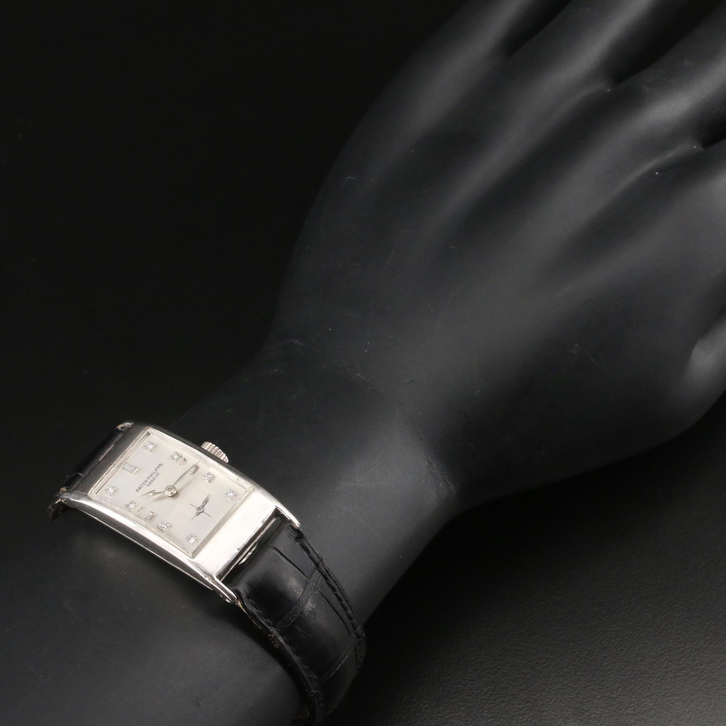 Platinum Vintage Patek Philippe Tank Style Diamond Watch