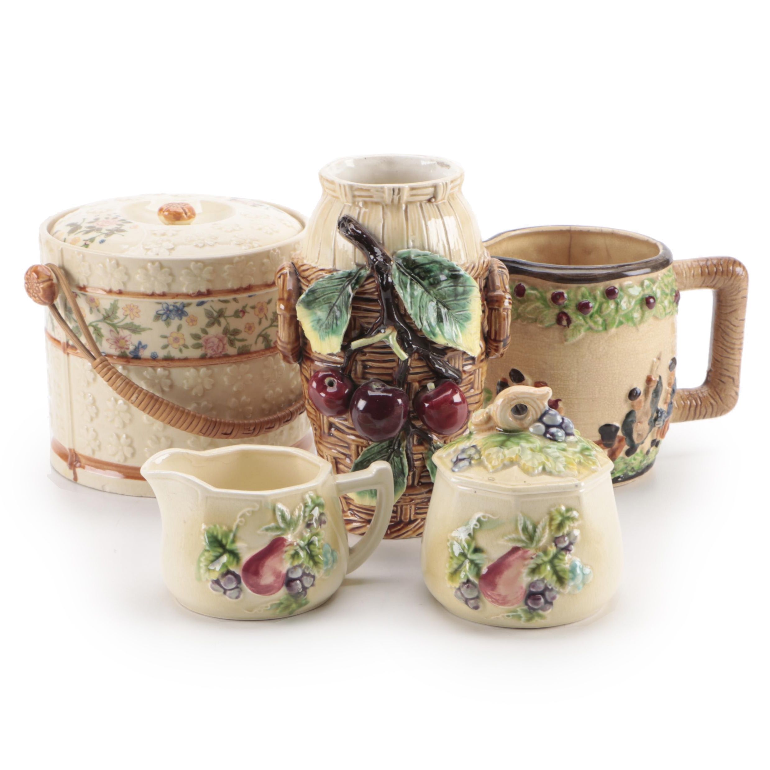 Barbotine Style Majolica Vase with Other Tableware, 20th Century