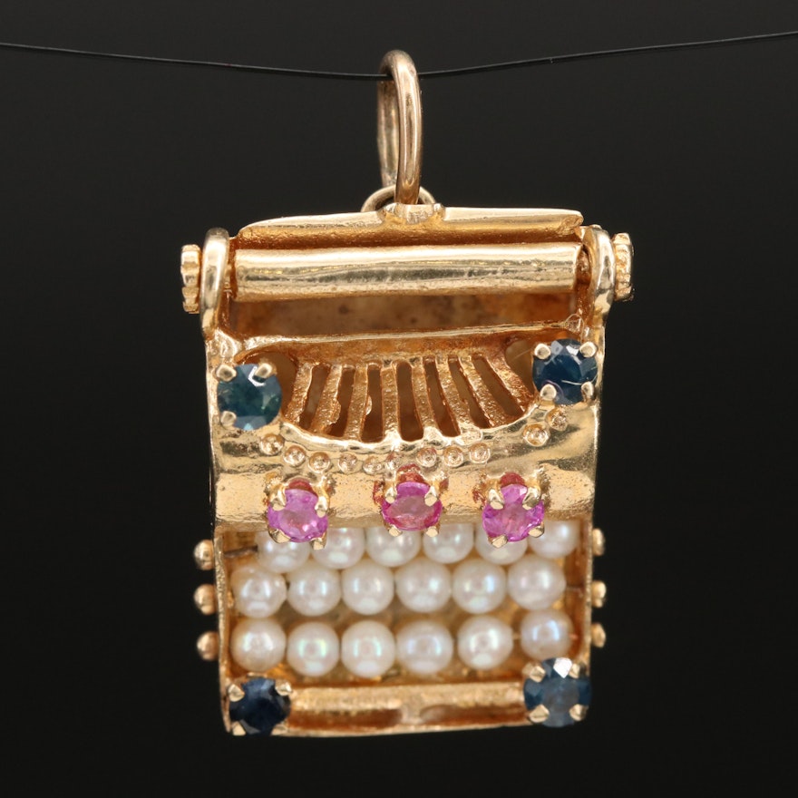 Vintage 14K Seed Pearl, Ruby and Sapphire Typewriter Pendant