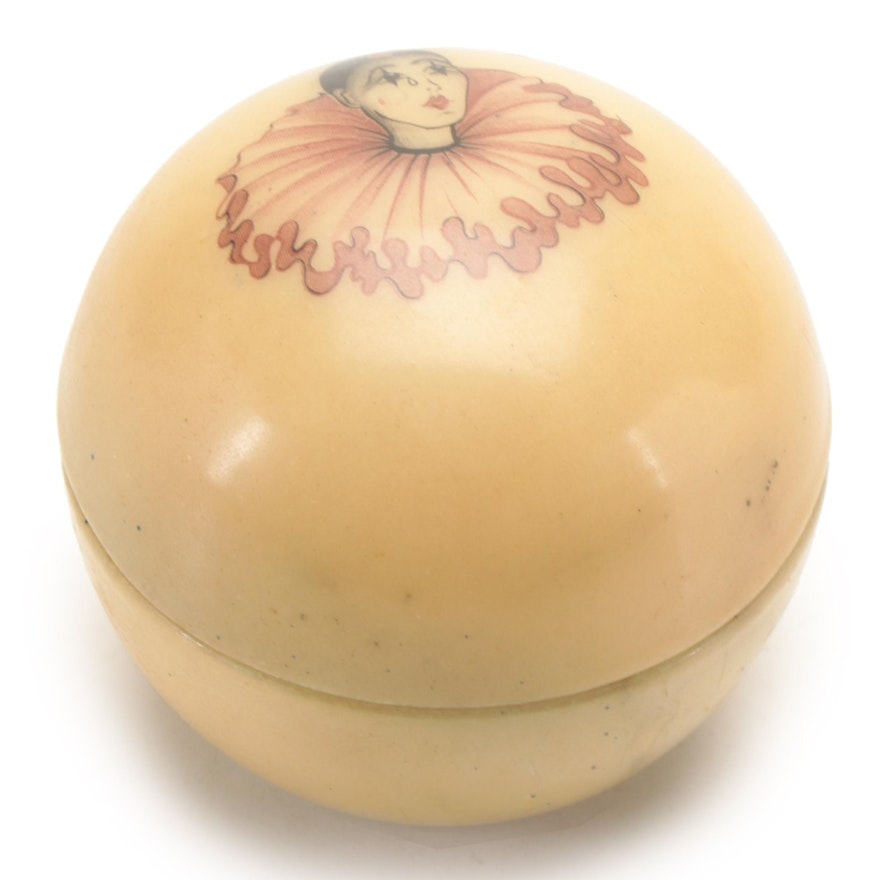 Transfer Decorated Pierrot Alabaster Trinket Box, Early to Mid-20th Century