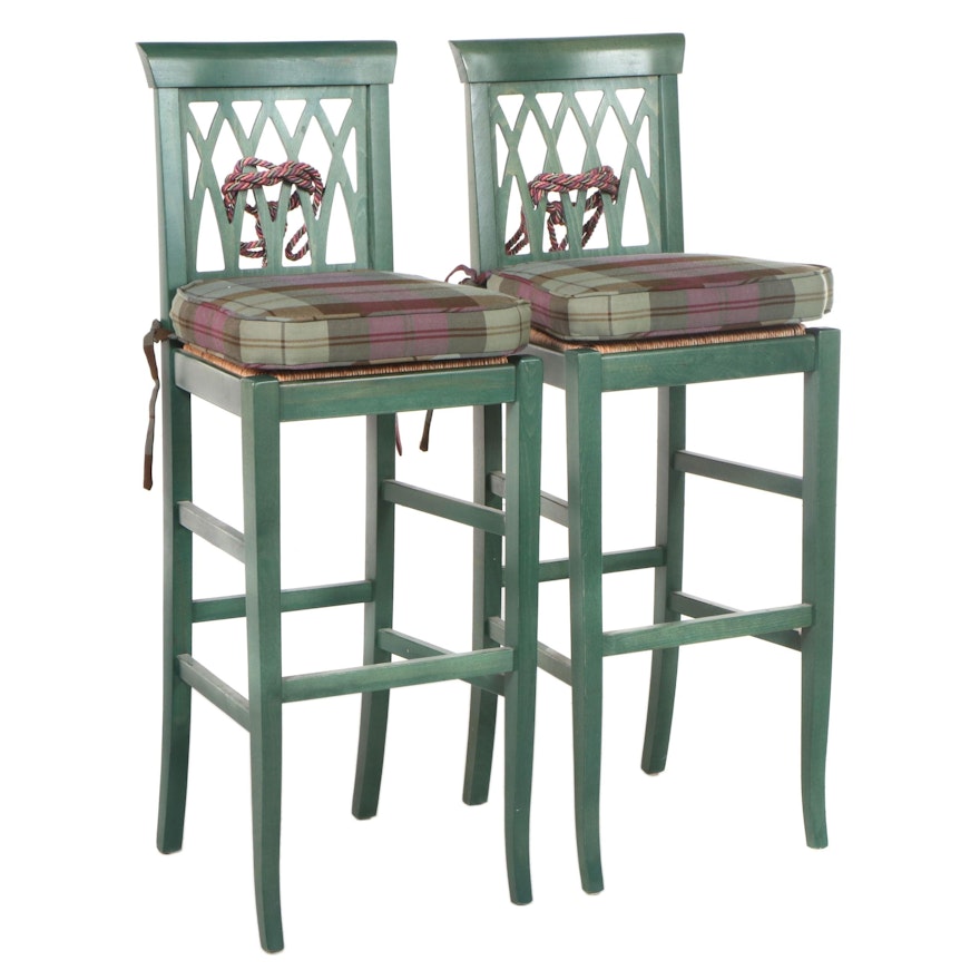 Pair of Neoclassical Style Green Barstools with Rush and Plaid Cushioned Seats