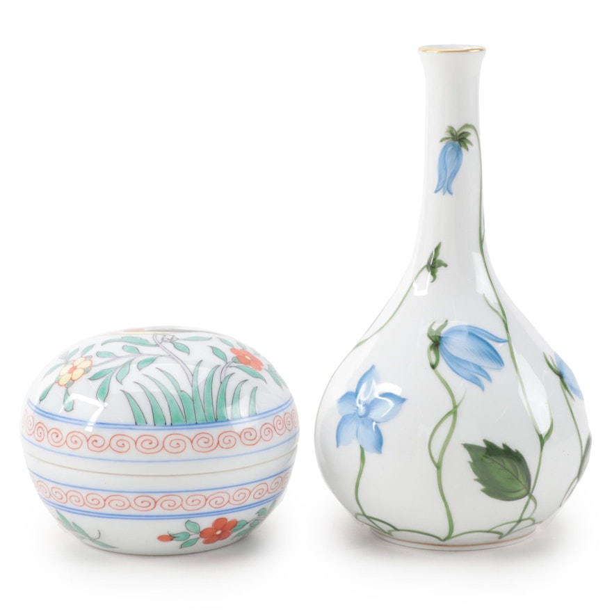 Herend Raised Floral Porcelain Bud Vase and Round Trinket Box