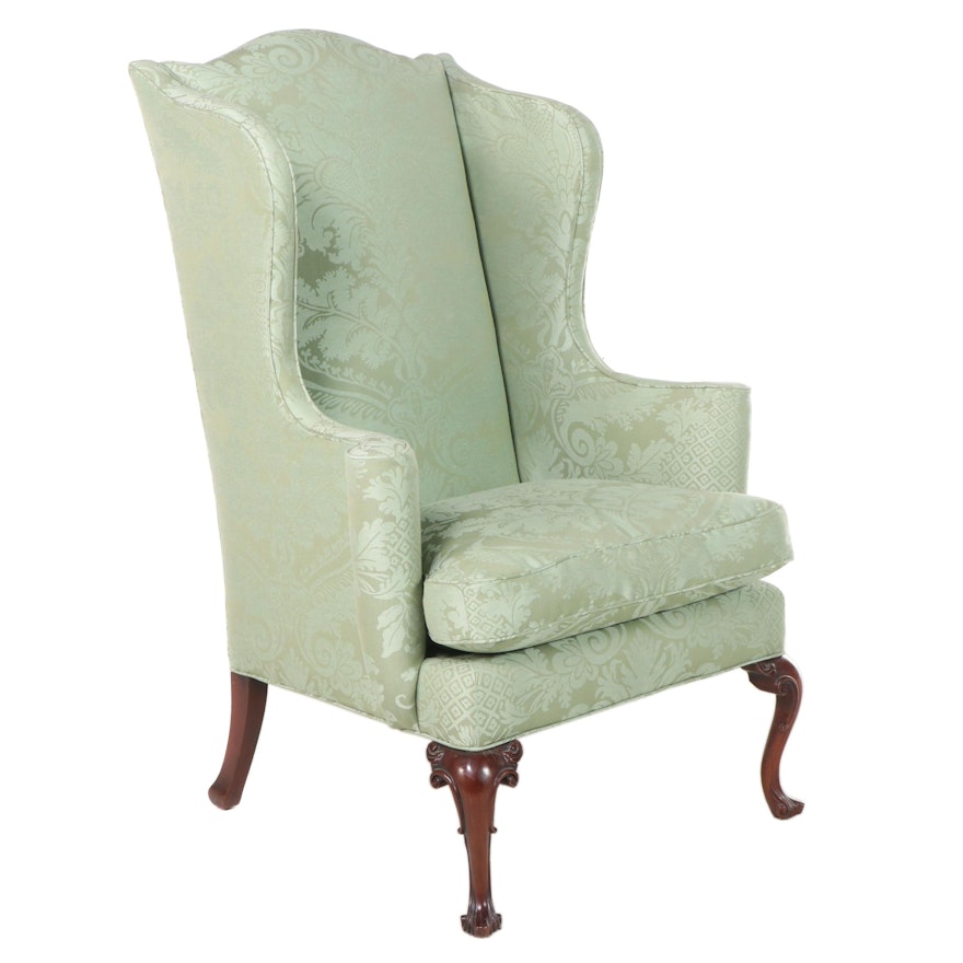 George III Style Custom Damask Upholstered Wingback Chair