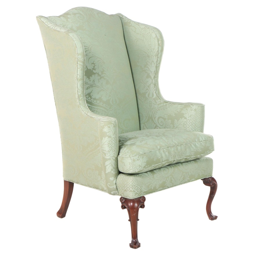 George III Style Custom Damask Upholstered Wingback Chair